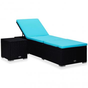 Tumbona con cojín y mesa de café en Polyrattan azul