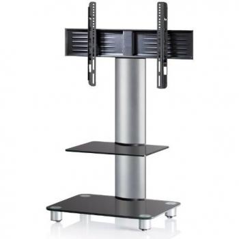 Soporte de TV Tosal con Ruedas, Acero Aluminio y Cristal Negro, 1 Estante Intermedio, Capacidad hasta 30 kg