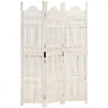 vidaXL Hand Carved 3-Panel Room Divider White 120x165 cm Solid Mango Wood