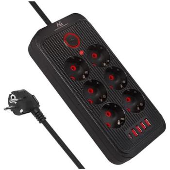 Regleta de enchufes Maclean MCE389 B - 6 tomas + 4 puertos USB, 2500W, 1.5 m, negra