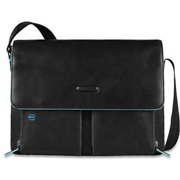 Piquadro Blue Square Leather Messenger Bag with Laptop Compartment - Black 37 cm