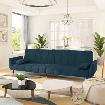 Sofá cama de 2 plazas con 2 cojines de terciopelo azul