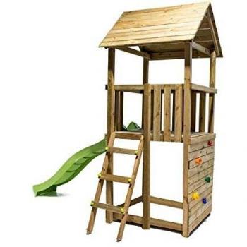 MASGAMES | Parque Infantil Canigó con Pared de Escalada | Plataforma 120 cm Altura | Tobogán con Conector a Manguera | Anclajes incluidos | Uso doméstico |