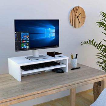 Soporte Monitor Elevador de Madera FSC® con Bandeja Extraíble 62 x 32 x 18 cm, Soporta 50 Kg, Blanco