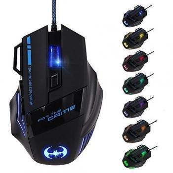 GHB Ratón Gaming USB Ratón Gamer LED 5000 DPI Optico Mouse Profesional 7 Botón para PC Notebook Ordenador Portátil Compatible con Windows 7, 8, 10,Windows XP, Vista, ME, 2000 y Mac OS, último sistema
