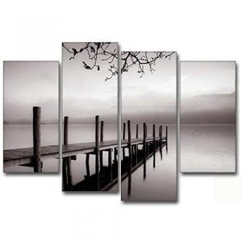 DekoArte 167 - Cuadros Modernos Impresión de Imagen Artística Digitalizada | Lienzo Decorativo Para Tu Salón o Dormitorio | Estilo Zen Blanco y Negro Paisaje de Agua Embarcadero | 4 Piezas 120x85cm