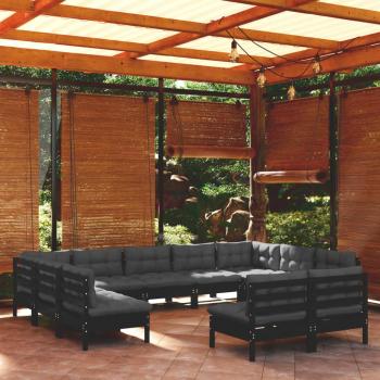 Set de Sofás de Jardín 11 Piezas con Cojines de Madera Maciza de Pino Negro