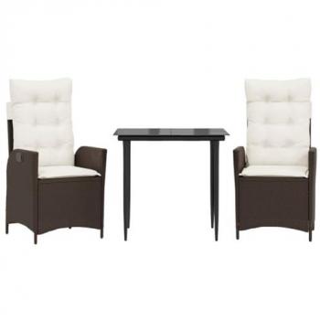 3-Piece Brown Poly Rattan Garden Dining Set with Cushions