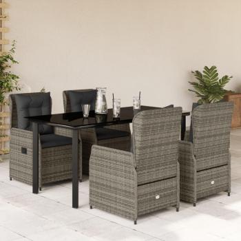 5-Piece Grey Poly Rattan Garden Dining Set with Cushions