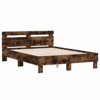 Cama con cabecero de madera de ingeniería roble ahumado 135x190 cm, incluye somier de listones y estructura marco de cama