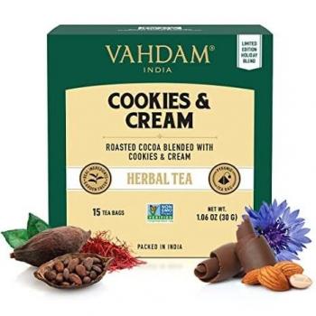 VAHDAM, Infusión de Galletas y Crema | sin cafeína | Té de postre | Ingredientes 100% naturales: extracto de galletas y crema, cacao, canela, cardamomo, manzanilla y vainilla | 15 bolsitas de té