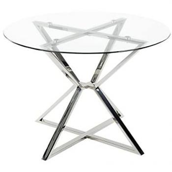 Mesa de Comedor Ovalada de Vidrio Templado Transparente y Plateado ⌀ 105 cm con Patas de Metal Bosco