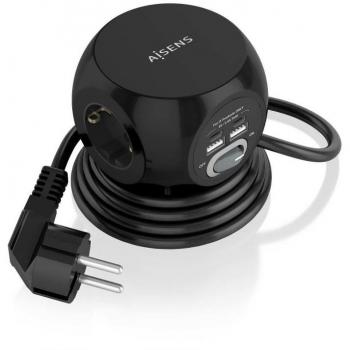 AISENS Regleta de Sobremesa Multifunción con 3 Tomas + 2xUSB-C/2xUSB-A, Cable de 1.4m, Color Negro