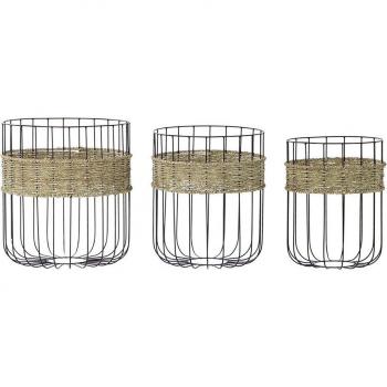 Conjunto de 3 Cestas de Almacenamiento en Fibra y Metal para Organizar con Estilo en el Hogar