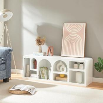 Mueble de TV Vågå 140x40x48 cm - Blanco con 7 Compartimentos Abiertos Geométricos para Sala de Estar y Oficina
