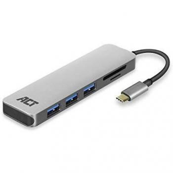 ACT USB-C Hub y Lector de Tarjetas, número de Puertos: 3 x USB A Hembra y Lector de Tarjetas, Longitud