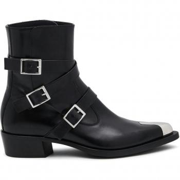 Alexander McQueen Men's Black Buckled Leather Cowboy Ankle Boots Size 42 US 9