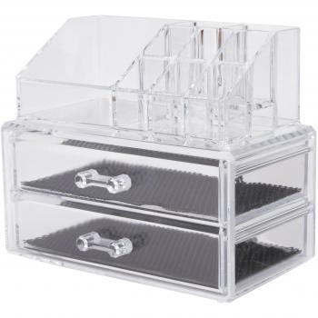 Compactor Organizador de cosméticos y joyería con 2 cajones. y varios compartimentos, Fabricado en poliestireno, Tamaño 18.8 x 11.7 x 15.8 cm, Transparente, RAN5048