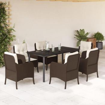 7-Piece Brown Poly Rattan Garden Dining Set with Cushions