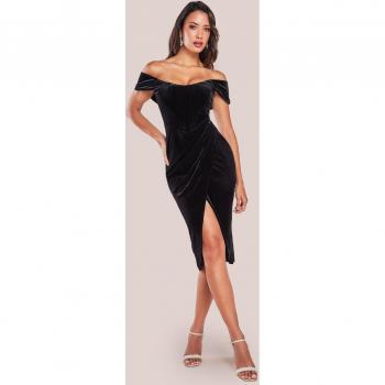 Velvet Corset Midi Dress with Draped Shoulders - Black