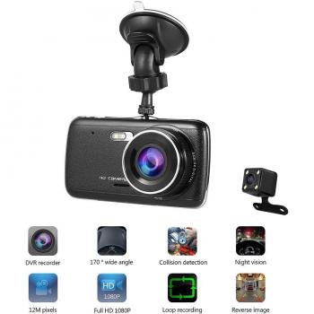 Cámara para Coche LESHP Dashcam Doble Cámaras Full HD 1080P 170°Lente Ultra Gran Angular 12MPX con G-Sensor, negro