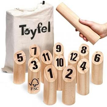 Toyfel Juego de Bolos de Madera Tölky - Bolos finlandeses - Kubb con números - Juego al Aire Libre