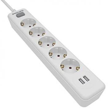 Regleta Philips SPN3052WB - 5 Enchufes Schuko, 2 Puertos USB 2,4A, Interruptor y Cable Trenzado Alta Resistencia - Color Blanco