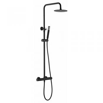 Columna de ducha y bañera termostática negro mate Line Imex BTD038-B/NG con conjunto de barra extensible, rociador, mango de ducha y alcachofa en color negro mate
