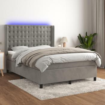 Colchón box spring de muelles y terciopelo LED gris claro 140x190 cm
