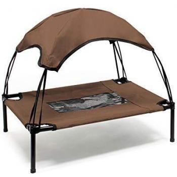Cama Elevada para Perros y Gatos con Techo Marrón, Max 25kg, 76x60x16cm, Tela Oxford, Ideal para Exterior