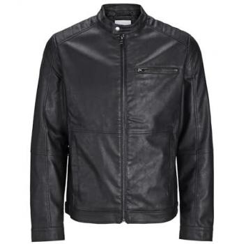 Jack & Jones Men's Black Synthetic Leather Biker Jacket with Zip Closure and Buttoned Round Collar
