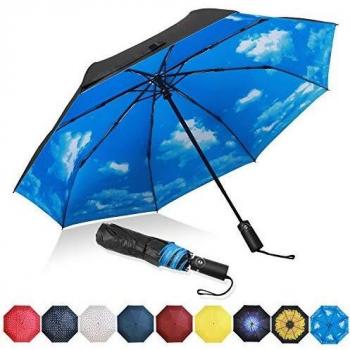 Amazon Brand - Eono Paraguas Plegable Automático Impermeable, Paraguas de Viaje a Prueba de Viento, Folding Umbrella, Recubrimiento de Teflón&Dosel Reforzado, Mango Ergonómico - Cielo