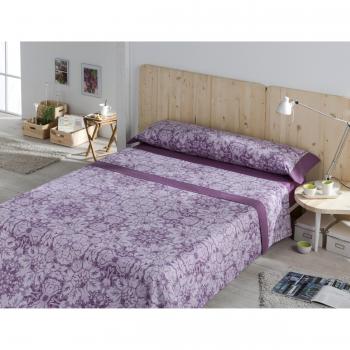 Es-Tela Coral 100312 - Juego de sábanas estampadas para cama de 150 cm, 4 piezas, color berenjena