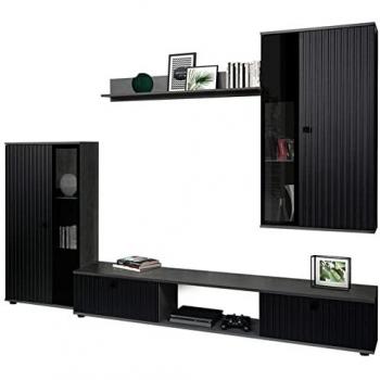 Conjunto de salón Tucson 172, Negro y Madera Gris, Aglomerado Laminado y MDF, con Mesa de TV y Partes Separadas, Vidrio Templado, 115 x 41 cm