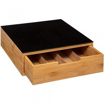 Cajón Organizador para Cápsulas de Café, Estructura de Bambú y Metal, Color Negro, Dimensiones 30x30x10 cm, Capacidad para Máquina de Café Encima
