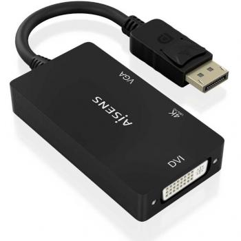 Cable Conversor Aisens A125-0861 DisplayPort Macho a VGA Hembra, DVI Hembra y HDMI 4K Hembra, 15cm, Negro