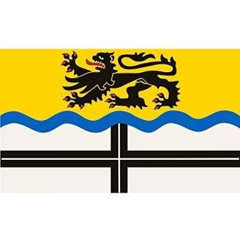 Dormagen | Banner und Hissflagge zeigt in der oberen Hälfte auf gelbem Tuch den rotbewehrten und -bezungten schwarzen Löwen und durch einen blauen Wellenbalken geteilt in der unteren Hä