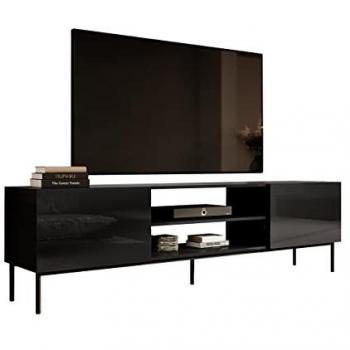 Mesa de TV Charlotte 166, Negro Brillante, 200x57x40cm, con Sistema de Apertura Push to Open y 2 Compartimentos