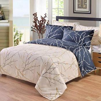 ENCOFT 3 Piezas Juego de Funda de Edredón 200x200cm + 2 Fundas de Almohada 50x75cm en 100% Poliéster Estampada Rama de árbol Ropa de Cama Suave Reversible Gris Beige