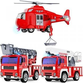 GizmoVine Camión De Bomberos De Juguete 3 en 1 con Luces y Sonidos, Incluye Camión De Bomberos, Juguete Helicóptero De Bomberos,Camión con Escalera De Bomberos, Niños y Niñas De 3 a 6 Años