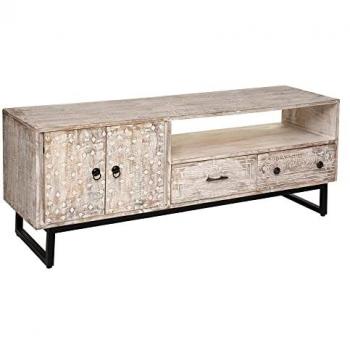 Mesa de TV Ajay con 2 Puertas y 2 Cajones - Mueble de metal y madera de mango con motivo tallado, dimensiones 54 x 140 cm, diseño para decoración exótica