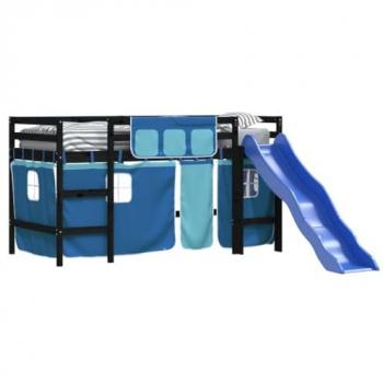 Cama alta para niños con cortinas, madera de pino, color azul, dimensiones 90x200 cm