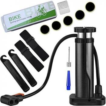 T WILKER Bomba de Aire Bicicleta, Bomba de Pie Portátil de 160 PSI para Válvula Presta Schrader y Válvula Dunlop con Juego de Herramientas de Reparación de Neumáticos con Aguja de Bola
