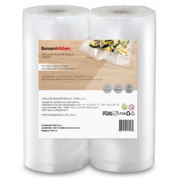 Bonsenkitchen Rollos al Vacio para Envasadora al Vacío, 2 Rollos 15 x 600cm Bolsas de Vacio Gofradas para Conservación de Alimentos y Sous Vide Cocina & Boilable - VB8903