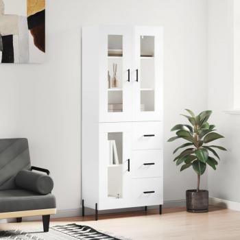 Aparador alto de madera contrachapada blanco brillo 69,5x34x180 cm con 1 puerta de cristal y 3 cajones, mueble de almacenaje para salón, buffet y armario auxiliar