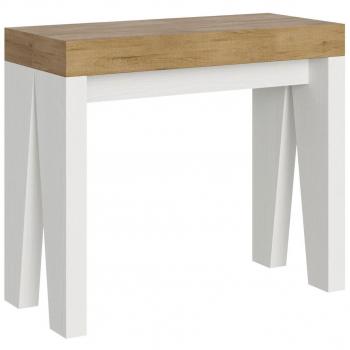 Consola extensible de madera natural con patas blancas para 8 personas, de 40 a 196 cm, soporte Naxo de 2 pies