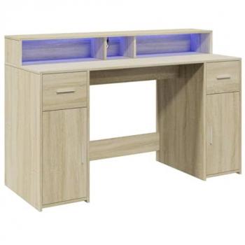 Escritorio con LED de madera ingeniería roble Sonoma 140x55x91 cm