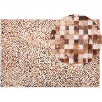 Alfombra de piel de vaca marrón y beige patchwork 140 x 200 cm artesanal boho moderna Torul