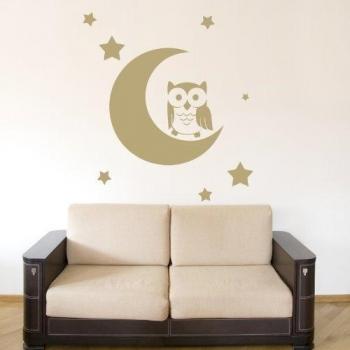 Owl on the Moon with Stars Wall Sticker - Wall Art Vinyl Stickers, Childrens Bedroom, Living Room, Bathroom, Easy to Apply, Free Applicator, Easy Peel -