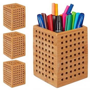Organizador de escritorio vintage Relaxdays - 4 lapiceros de bambú en caja de madera, 11x9x9 cm, marrón